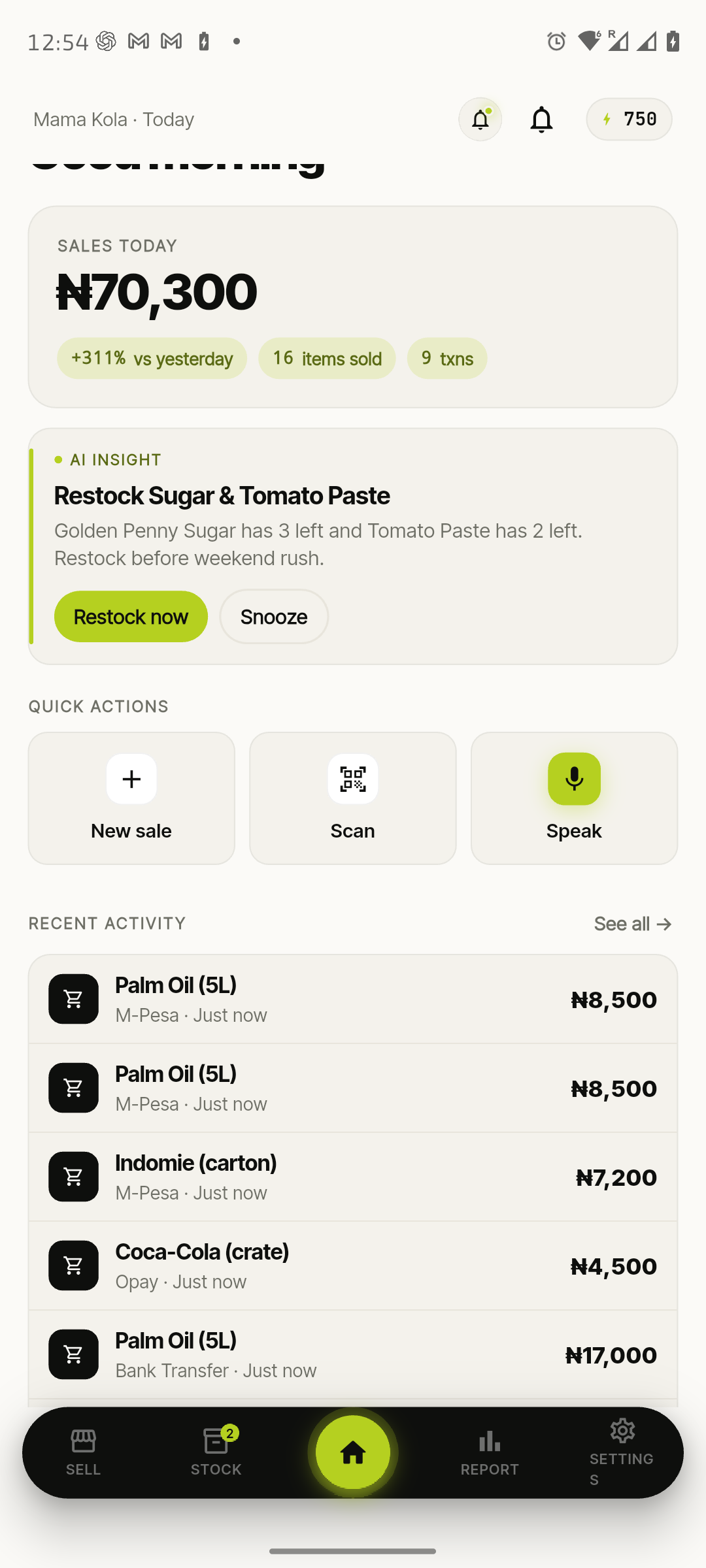 Noovera home screen — sales today, AI restock insight, and quick actions